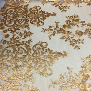 Gold Damask Design Embroidered on Mesh Lace Fabric, Floral Bridal Lace ...