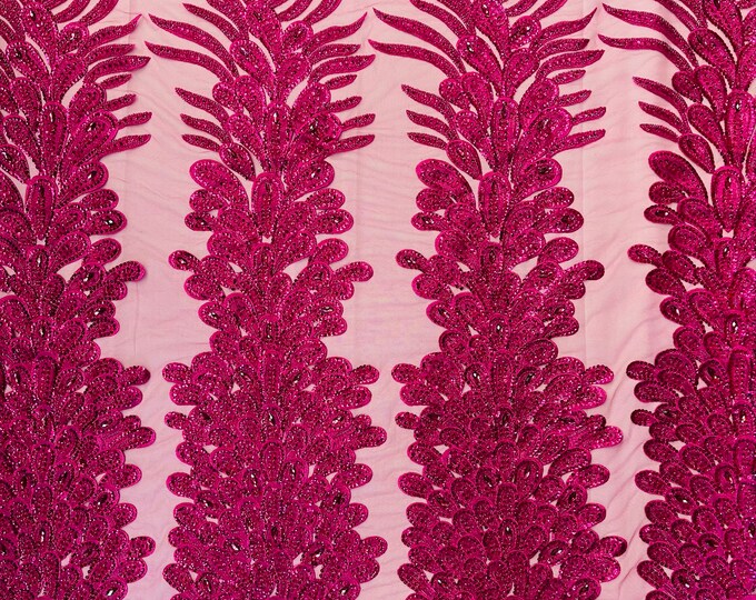 Fuchsia Beaded Peacock Feathers 3D Vegas Design with Embroidered Sequins and Beads On Mesh Lace Fabric for Prom Dress (Choose The Panels)