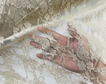 Champagne Floral Lace Fabric - 4-Way Stretch Spandex Mesh, Sold by the Yard