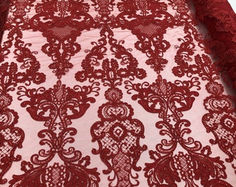 Red Corded Lace Fabric: Flower Embroidery with Sequins