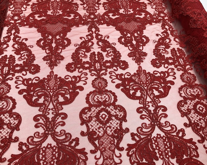 Red Lace Fabric, Corded Flower Embroidery With Sequins on a Mesh Lace Fabric By The Yard For Gown, Wedding-Bridal-Dress