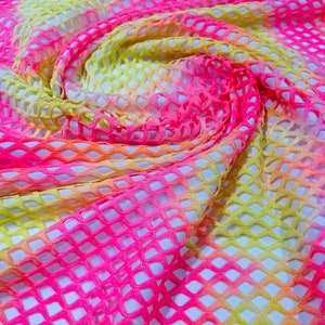 Hot Pink/Yellow 4 Way Stretch Fishnet Diamond Tie Dye W/Silver Glitters 58/60&quot; Wide, Fishnet Tie Dye Diamond, Nylon Spandex Fabric