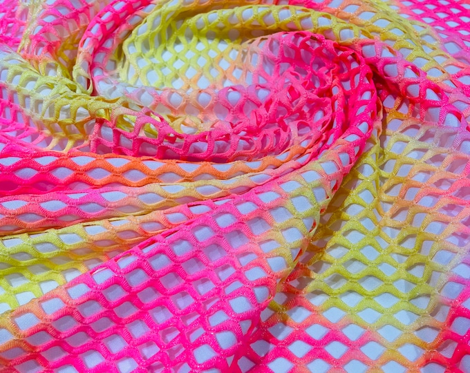 Hot Pink/Yellow 4 Way Stretch Fishnet Diamond Tie Dye W/Silver Glitters 58/60" Wide, Fishnet Tie Dye Diamond, Nylon Spandex Fabric