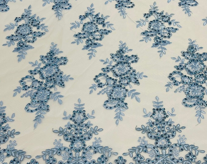 Baby Blue Floral Lace Fabric - by yard - Embroidery With Sequins on a Mesh Corded Lace Fabric, For Gown - Wedding - Bridal