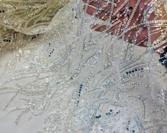 Off White Beaded Lace Fabric | Beads & Sequin Embroidery By The Yard