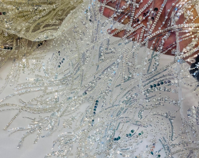 Off White Beaded Lace Fabric | Beads & Sequin Embroidery By The Yard