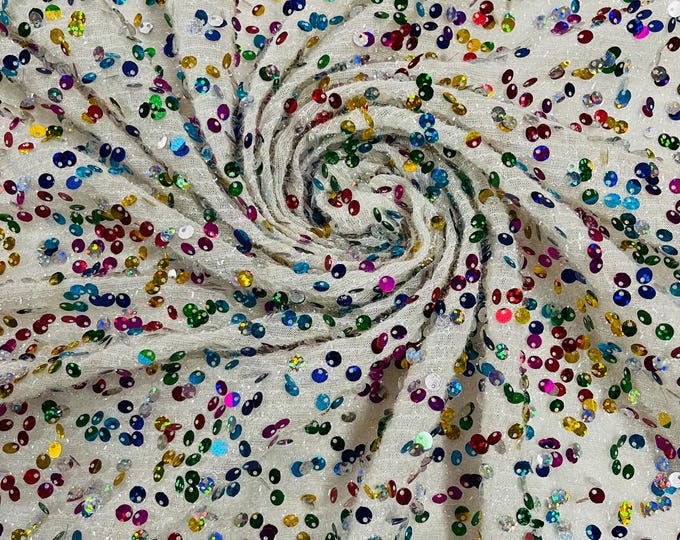 Multi Color Hologram Sequin Fabric On Ivory Fabric: Confetti Sequins, 2-Way Stretch By Yard