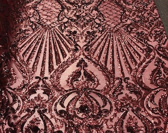 Burgundy Sequin Damask Fabric - Selena Design, 4-Way Stretch Lace Mesh - By The Yard