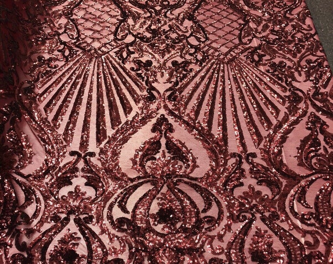 Burgundy Sequin Damask Selena Design on a 4 Way Stretch Sequin Lace Mesh - Prom Gala Gown Fabric By Yard