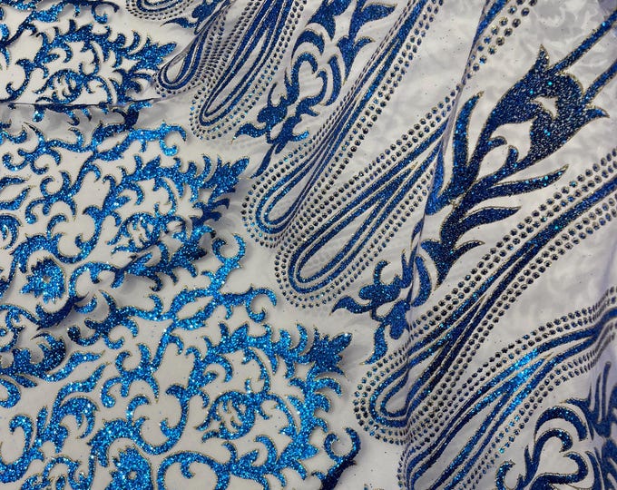 Royal Blue/Gold Glitter Mesh Lace Fabric - Geometric Damask, Bridal, Prom by the yard