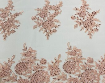 Blush Peach Floral Embroidered Lace Fabric, Scalloped Edge