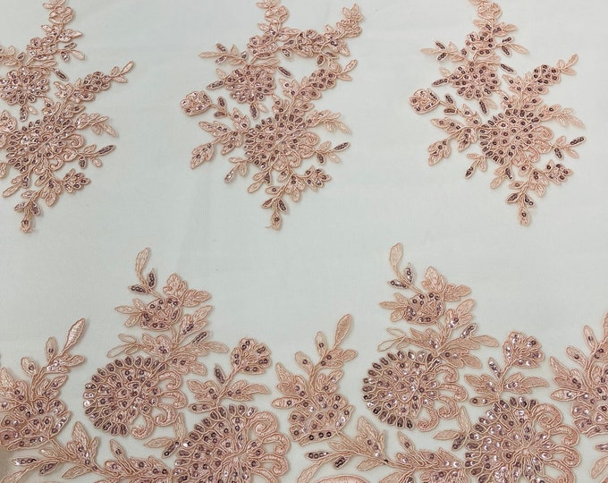 Blush Peach Lace Flower Design Embroidered on Mesh Lace Fabric, Floral Bridal Lace Wedding Dress by the Yard (Pick a Size)