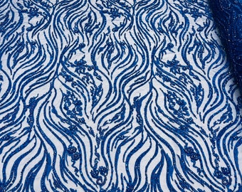 Royal Blue Beaded Lace Fabric – Zebra Embroidered Mesh, Bridal Gown Material