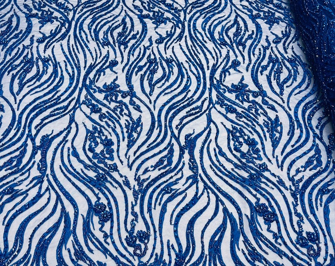 Royal Blue Bridal Lace Beaded Fabric - by the yard - Embroidered Zebra Pattern With Pearls and Beads on a Mesh