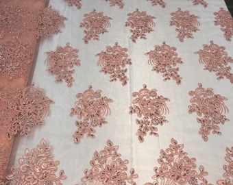Coral Flower Lace Fabric: Embroidered Sequins Mesh, Sold By The Yard
