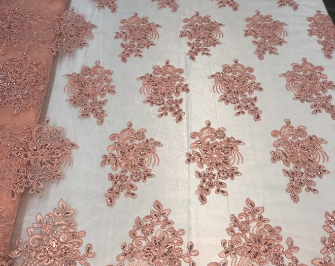 Flower Lace Fabric - Coral Floral Clusters Embroidered Lace Mesh Fabric Sold By The Yard