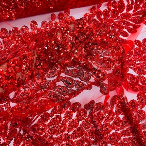Red Vegas Design with Embroidered Sequins and Beads On Mesh Beaded Peacock Feathers 3D Lace Fabric for Prom Dress (Choose The Panel