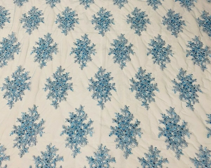 Baby Blue Floral Cluster Bead Fabric - Embroidered Flower Beaded Fabric Wedding Bridal Sold By Yard