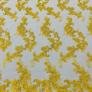 Yellow Floral Lace Fabric, by the yard - Embroidery With Sequins on a Mesh Lace Fabric For Gown, Wedding-Bridal