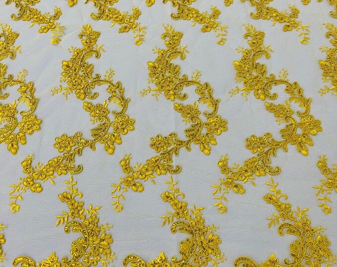 Yellow Floral Lace Fabric, by the yard - Embroidery With Sequins on a Mesh Lace Fabric For Gown, Wedding-Bridal