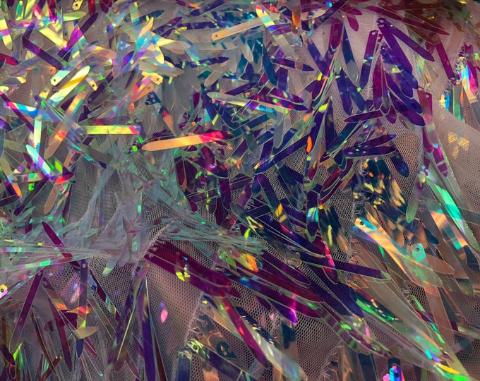 Clear Iridescent Sword Shaped Sequins by the yard (Pick a Size) Costume Craft Fabric - Swords Design Iridescent Sequin Fabric