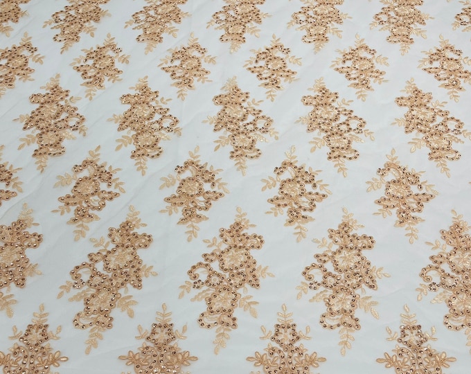 Peach Floral Lace Fabric - by yard - Embroidery With Sequins on a Mesh Corded Lace Fabric, For Gown - Wedding - Bridal