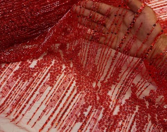 Red Beaded Fabric | Fashion Pattern With Beads and Sequin, Bridal Pearls Prom Dress