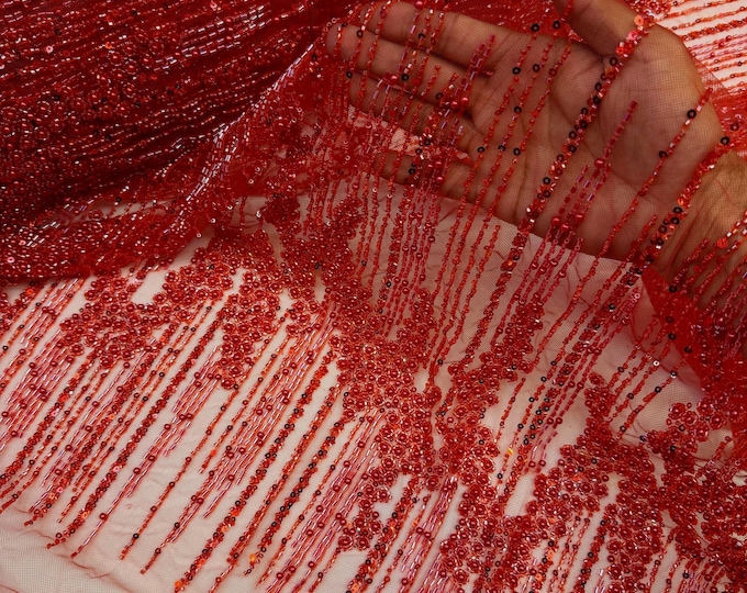 Red Beaded Fabric | Fashion Pattern With Beads and Sequin, Bridal Pearls Prom Dress