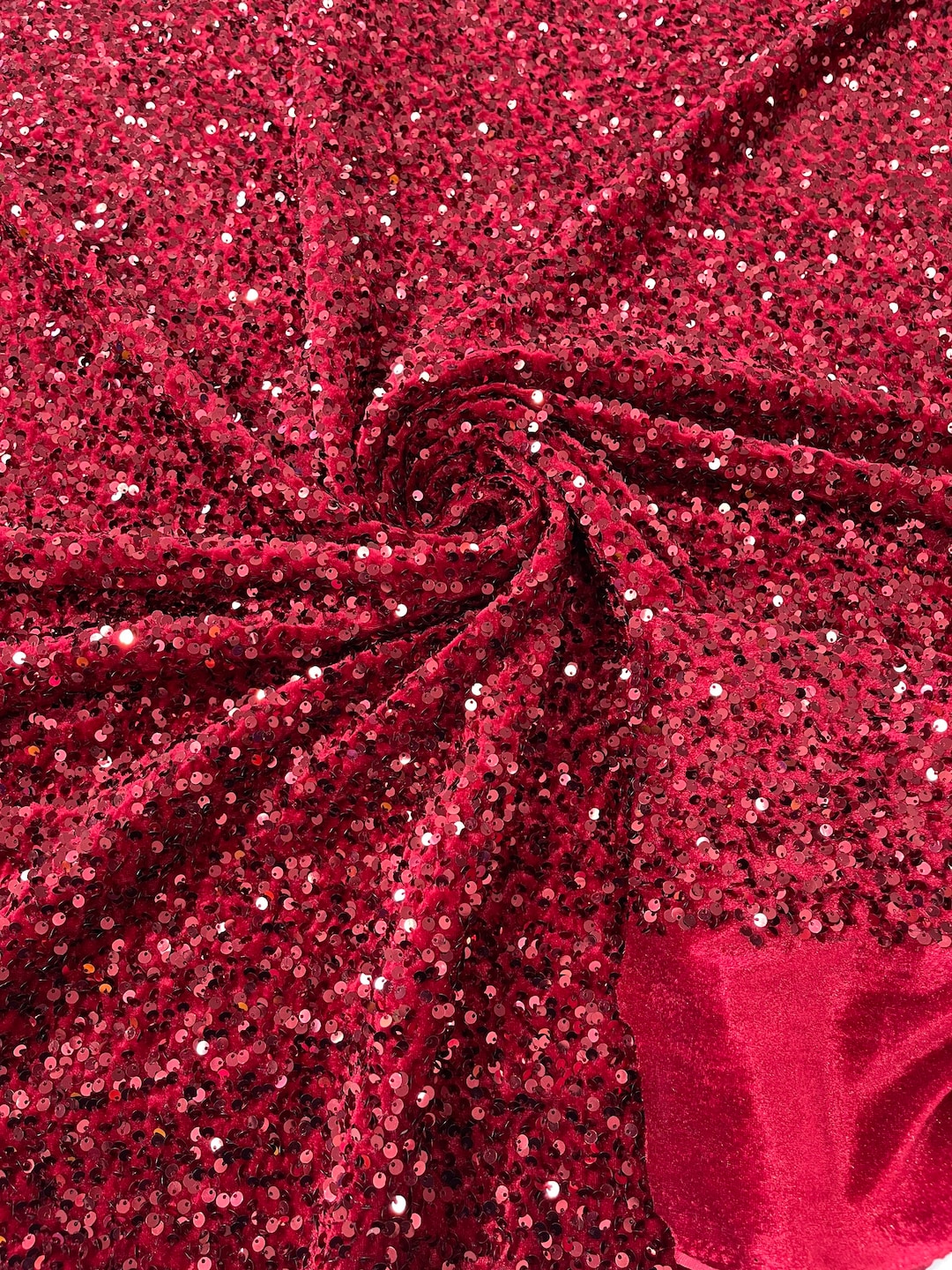 Burgundy Sequin Velvet Fabric on Burgundy Stretch Velvet by the Yard
