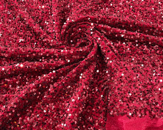 Burgundy Sequin Velvet Fabric | on Burgundy Stretch Velvet | by the yard | all Over 5mm Sequins Velvet 2-way Stretch 58/60”