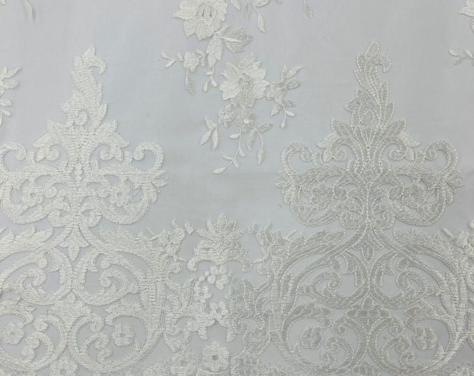 Ivory Damask Design Embroidered on Mesh Lace Fabric, Floral Bridal Lace Wedding Dress by the Yard (Pick a Size)