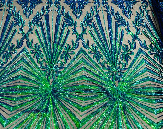 Iridescent Green Damask Geometric Design 4 Way Stretch, Embroidered With Sequins On Black Power Mesh, By The Yard