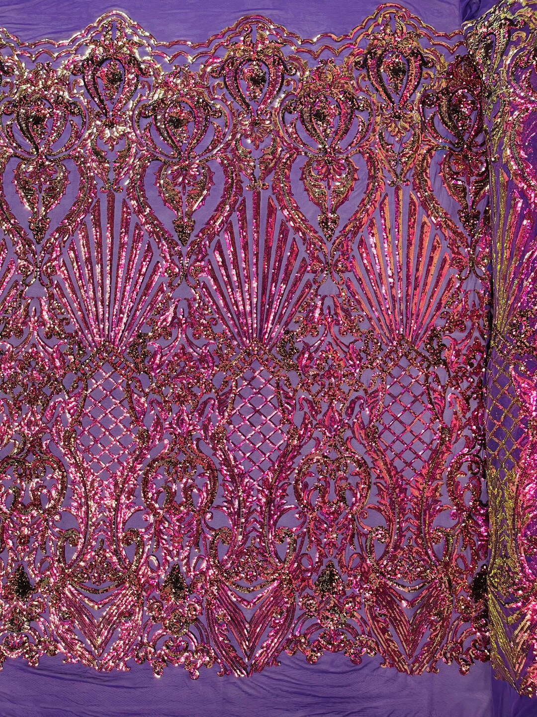 Iridescent Royalty Design On A 4 Way Stretch Mesh/Prom Fabric (1 Yard, Purple on Purple Mesh)