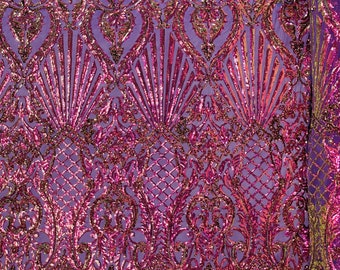 Purple Iridescent Sequin Fabric, Selena Damask Lace Mesh, 4 Way Stretch, Prom Gown Fabric