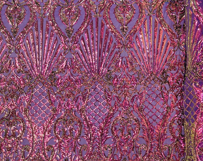 Purple Iridescent Sequin Fabric, Selena Damask Design on a 4 Way Stretch Sequin Lace Mesh - Prom Gala Gown Fabric By Yard