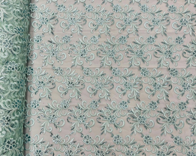 Mint Floral Lace Fabric, by the yard - Embroidery With Sequins on a Mesh Lace Fabric For Gown, Wedding-Bridal