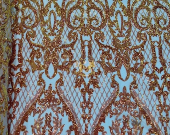 Orange Iridescent Sequins Fabric | Nude 4 Way Stretch Mesh | Embroidered Damask Design With Iridescent Sequin Lace Prom-Gown by the yard