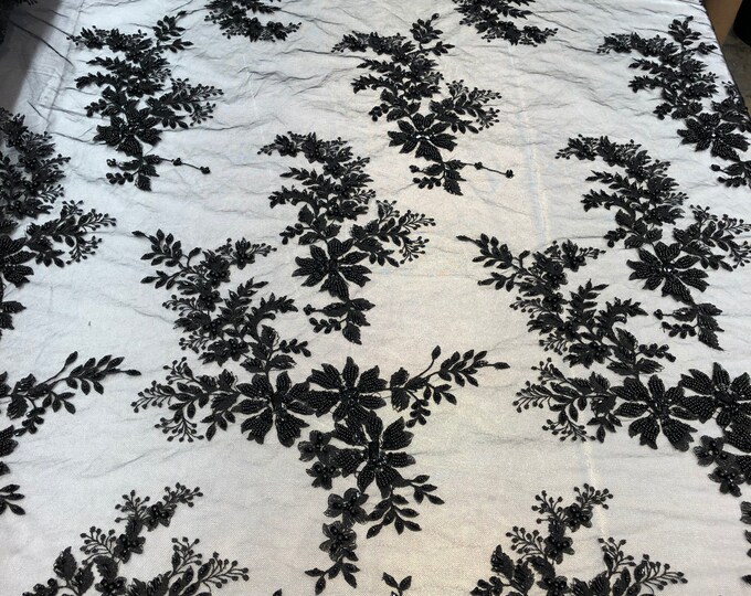 Black Cluster Bead Fabric - Embroidered Flower Beaded Fabric Wedding Bridal Lace Fabric Sold By Yard