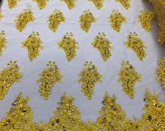 Yellow Floral Sequin Embroidered Lace Fabric – Bridal, Gown Fabric