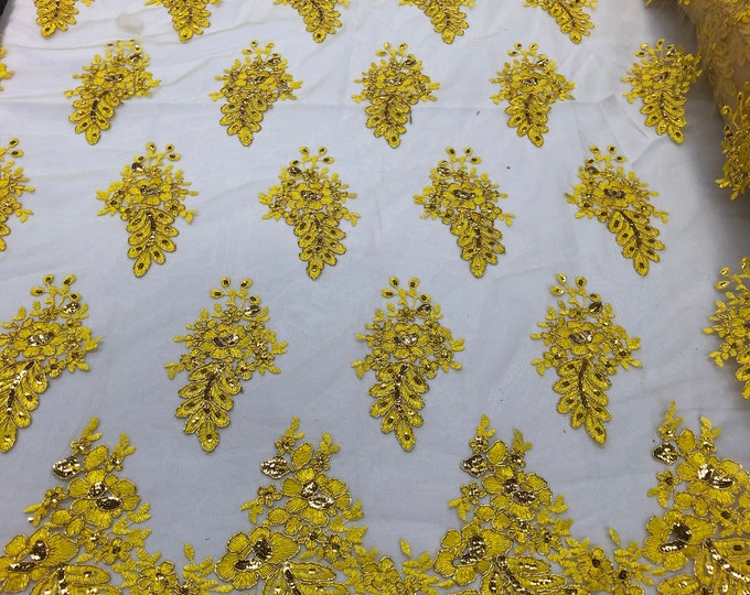 Yellow/Gold Lace Fabric - Flower/Floral Clusters Embroidered With sequins on a Mesh Lace Fabric Sold By The Yard(Pick a Size)