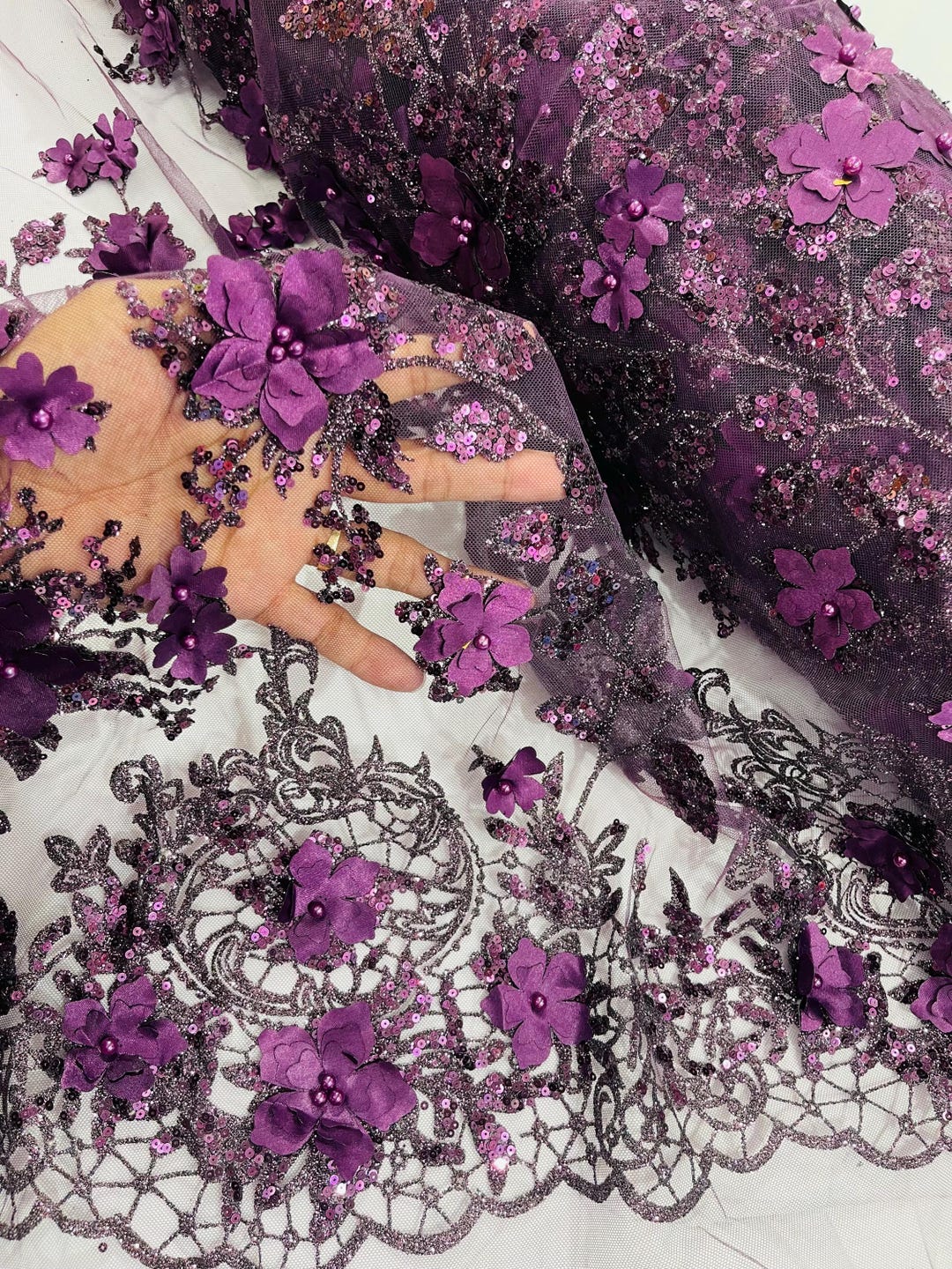 Plum 3D Flower Glitter Sequin Fabric by the Yard, 3D Floral Glitter ...