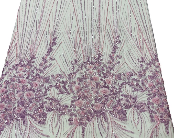 Lilac Beaded Fabric by the yard, Bridal Wedding beaded, Floral Damask Pattern With Beads and Sequin, Appliqué lace for bridals