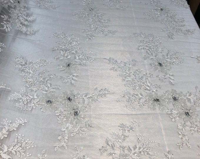 White Cluster Bead Fabric - Embroidered Flower Beaded Fabric Wedding Bridal Lace Fabric Sold By Yard