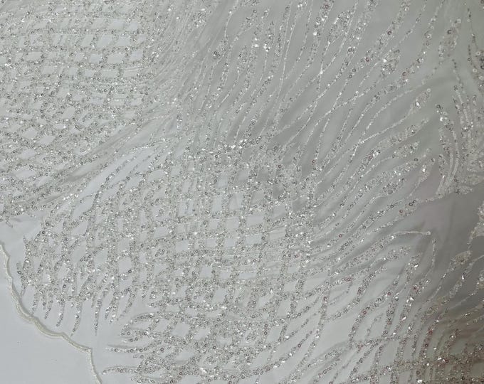 White Beaded Fabric by the yard, Bridal Heavy beaded, Damask Pattern With Beads and Sequin, Appliqué lace bridals,weddings,prom dress