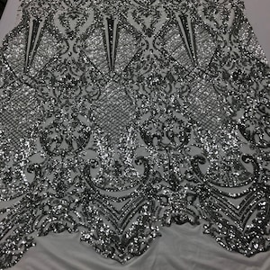 Silver Sequin Lace Fabric: Damask Embroidered Mesh, 4-Way Stretch