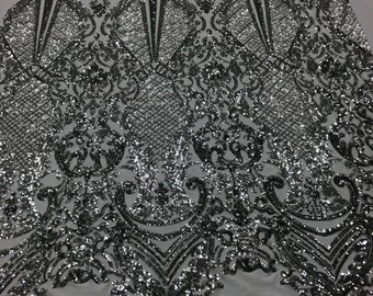 Silver Sequin Lace Fabric: Damask Embroidered Mesh, 4-Way Stretch