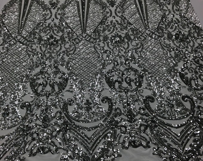 Sequins Silver Lace Fabric, DAMASK Design Embroidered on Mesh 4 way Stretch Sequin By The Yard -Prom-Gown ( Choose The Size )