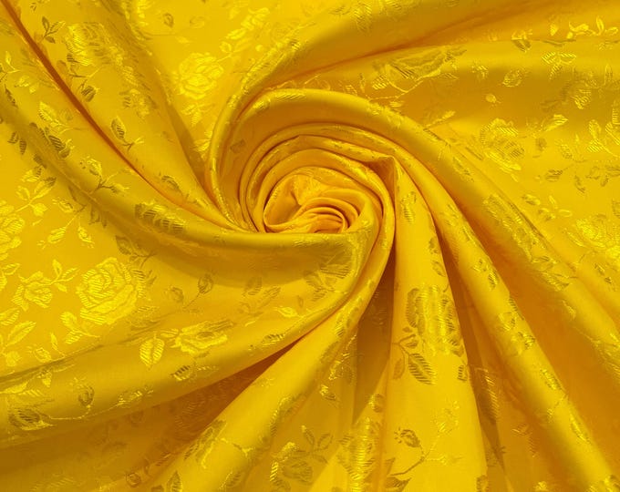 Yellow Floral Brocade Jacquard Satin Fabric - 58/60" Wide