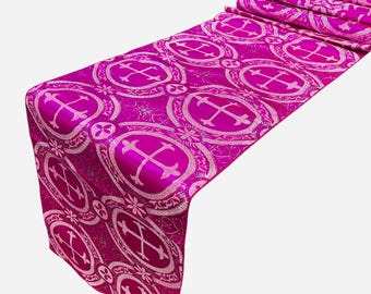 Fuchsia Cross Brocade Fabric: Religious Tablecloth Runner, Ecclesiastical Vestment