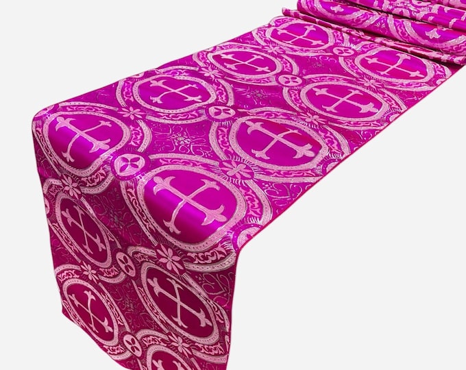 Fuchsia Silver Religious Brocade Tablecloth | Liturgical Fabric | Runner Ecclesiastical Jacquard | Church | Vestment - Cross Brocade by Yard